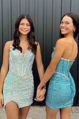 Light Green Homecoming Dress Strapless Corset Tight Short Prom Dress with Sequin