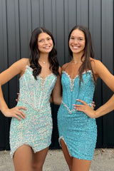 Light Green Homecoming Dress Strapless Corset Tight Short Prom Dress with Sequin