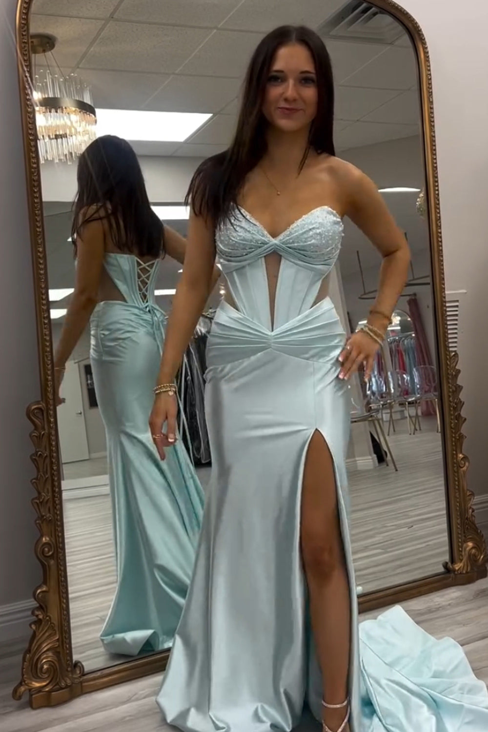 Light Green Prom Dress Cut Out Sweetheart Corset Long Formal Dress