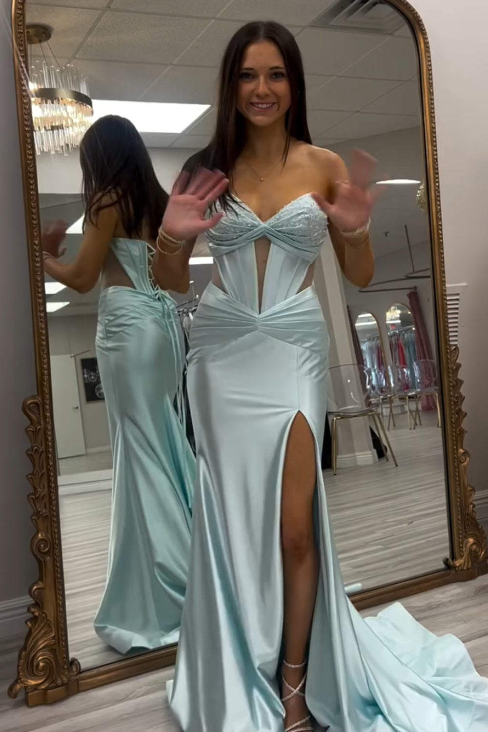 Light Green Prom Dress Cut Out Sweetheart Corset Long Formal Dress