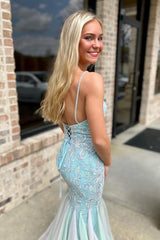 Light Green Prom Dress Spaghetti Straps Mermaid Long Lace Formal Dress