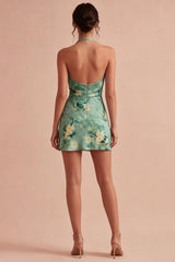 Light Green Short Floral Backless Halter Homecoming Dress