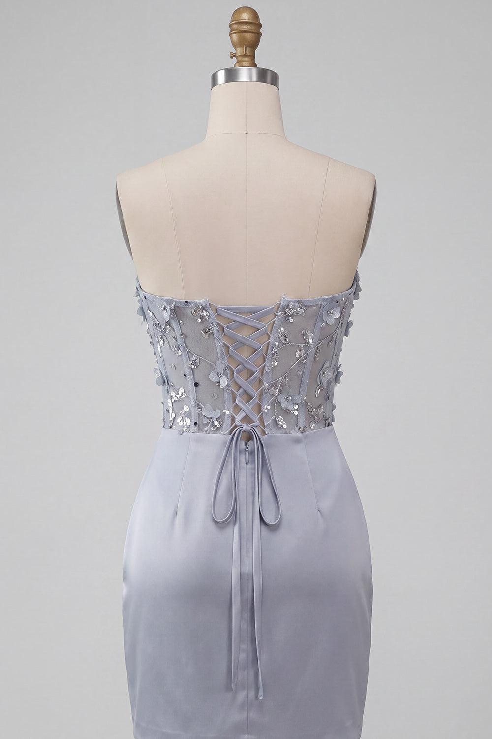 Light Grey Ruched Floral Tight Corset Short Homecoming Dress
