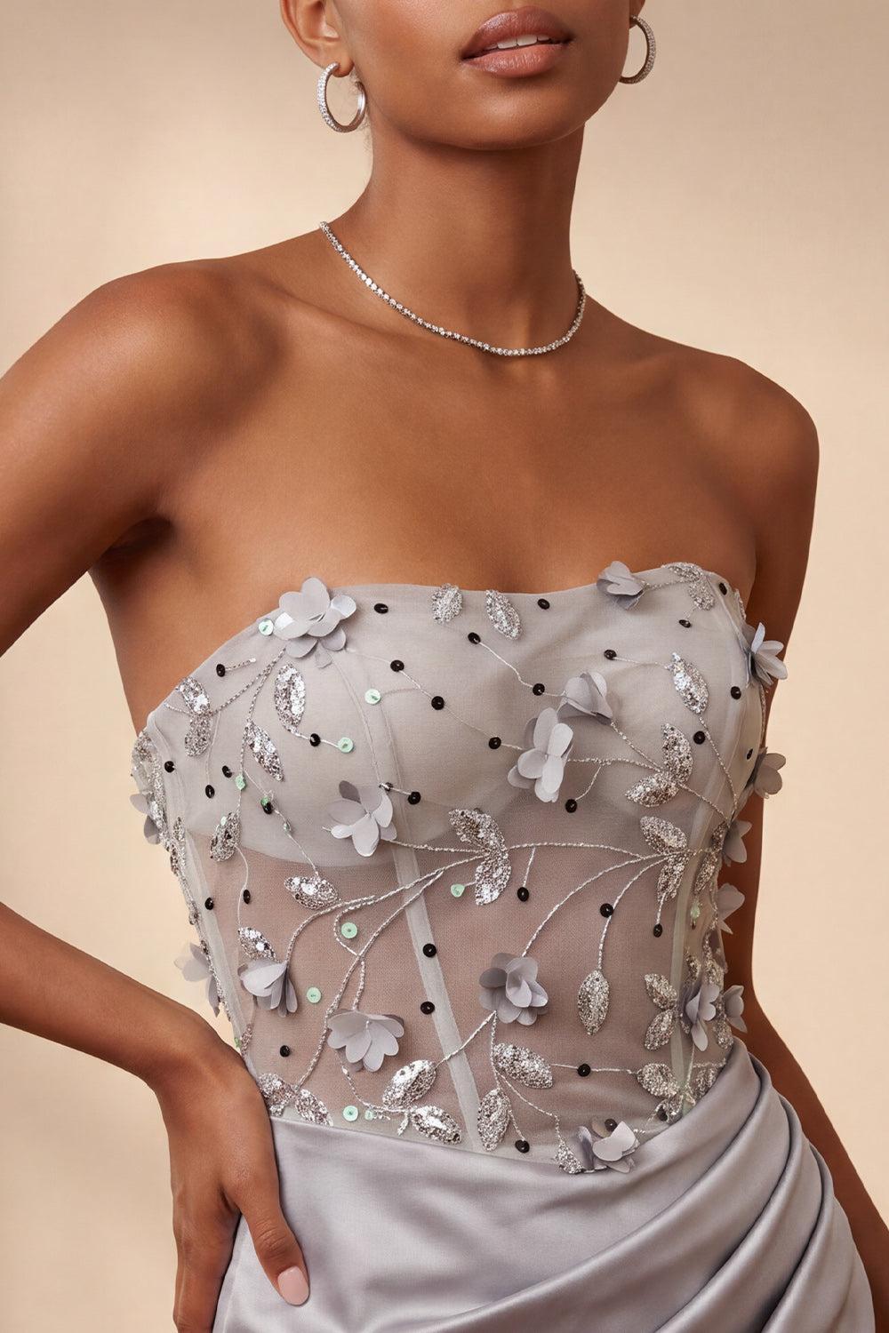 Light Grey Ruched Floral Tight Corset Short Homecoming Dress