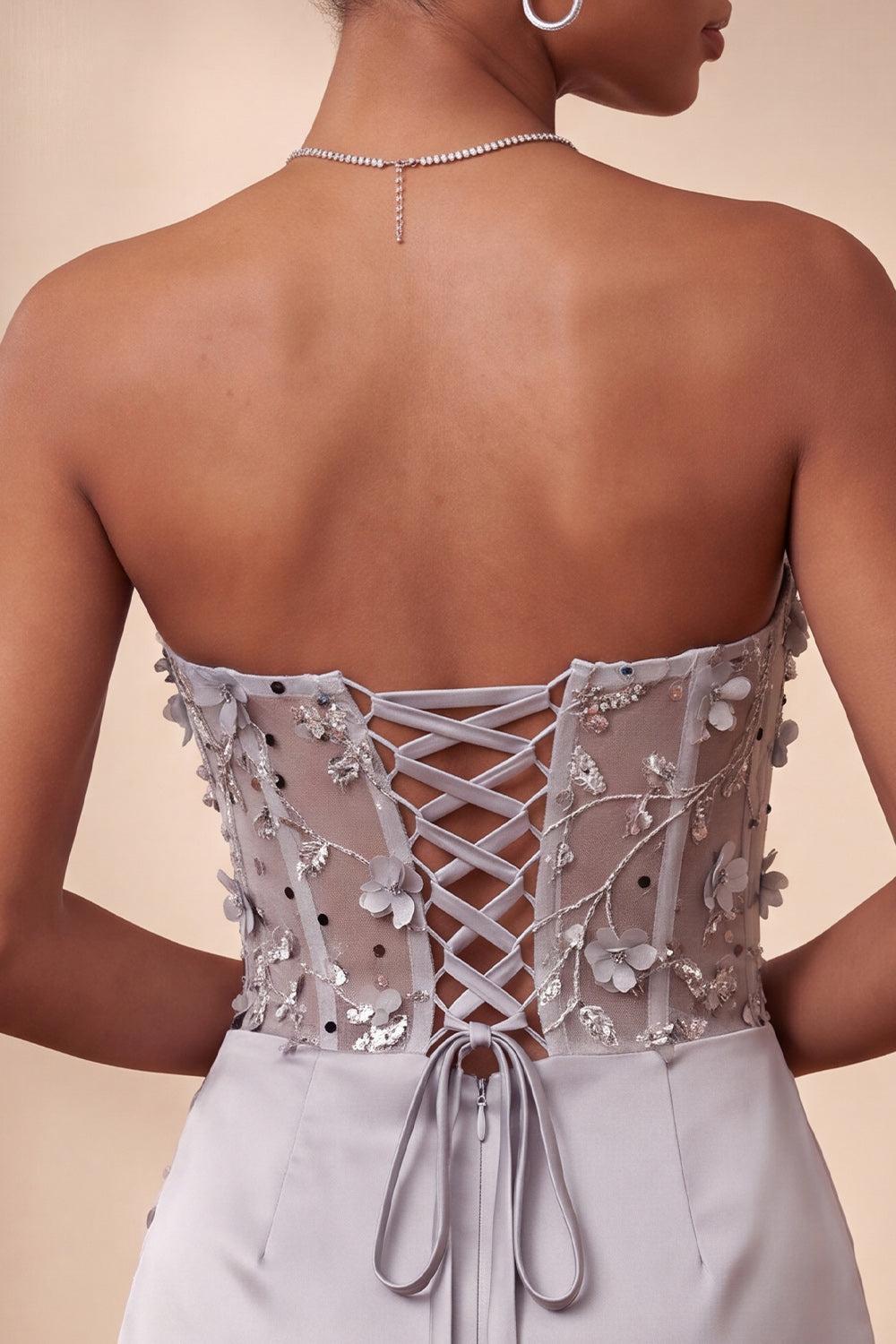 Light Grey Ruched Floral Tight Corset Short Homecoming Dress
