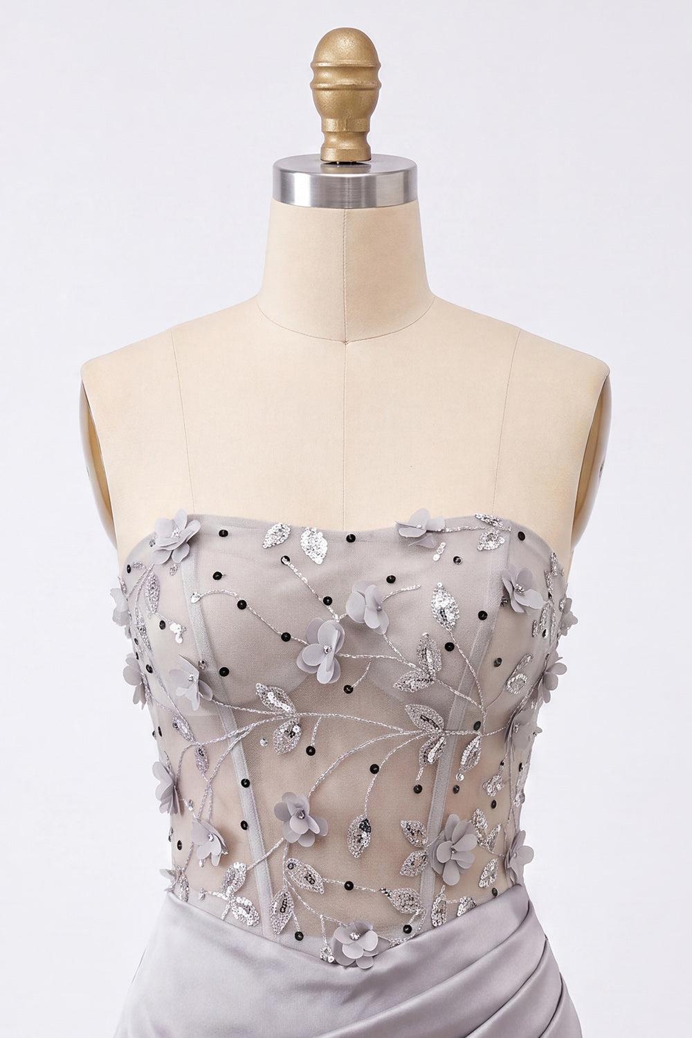 Light Grey Ruched Floral Tight Corset Short Homecoming Dress