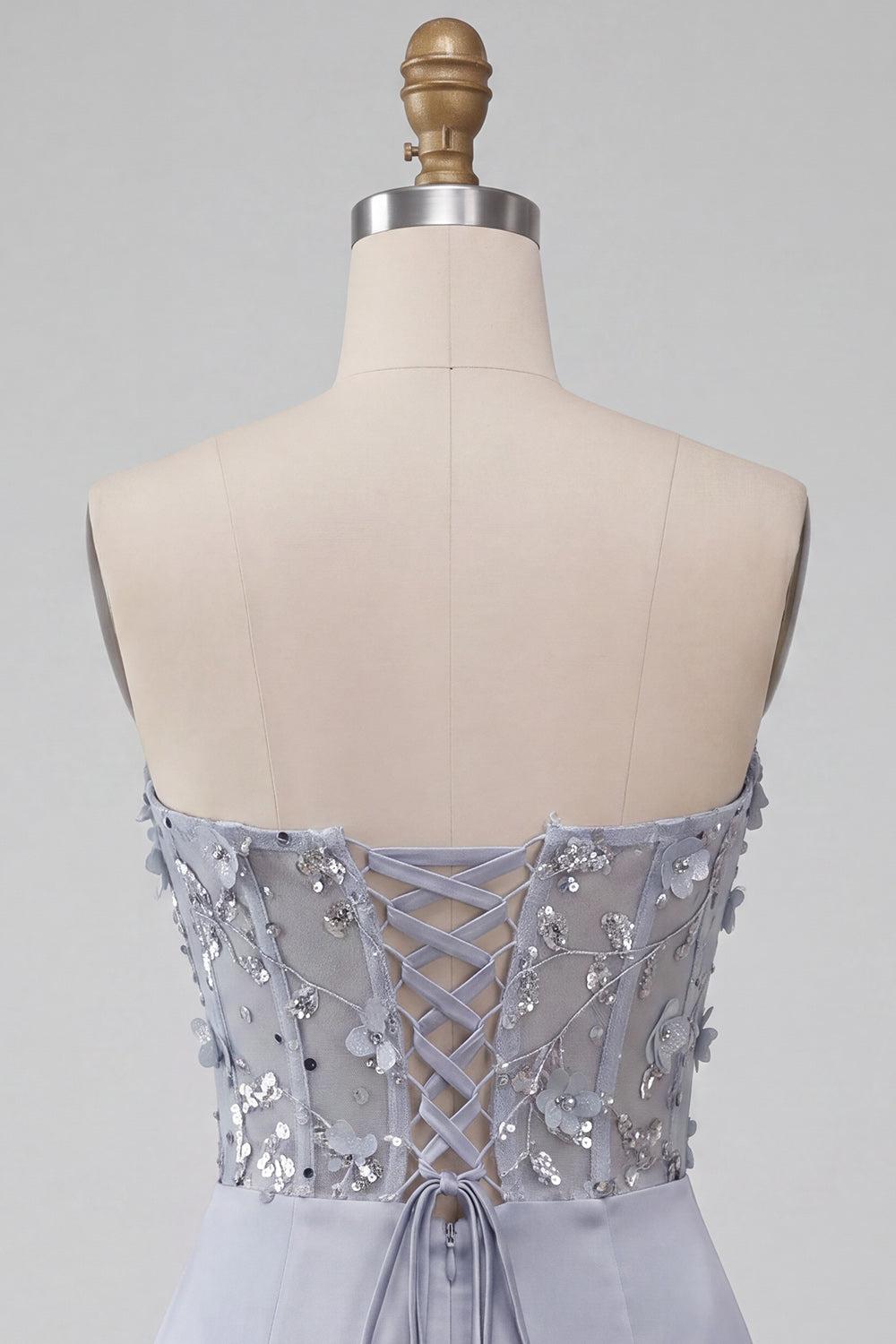 Light Grey Ruched Floral Tight Corset Short Homecoming Dress