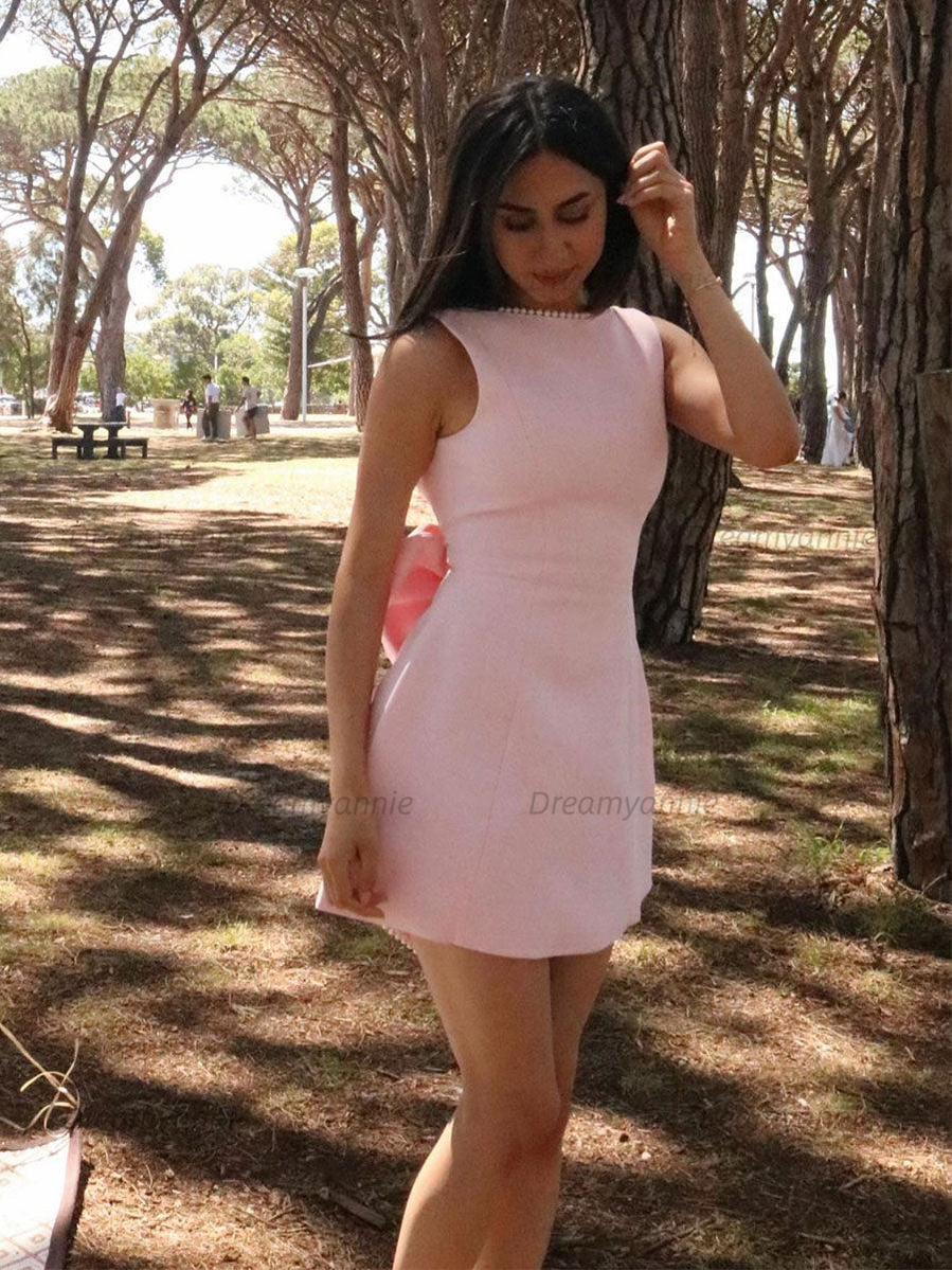 Light Pink Bow A-line Pearls Mini Dress Gown Homecoming Party Dresses