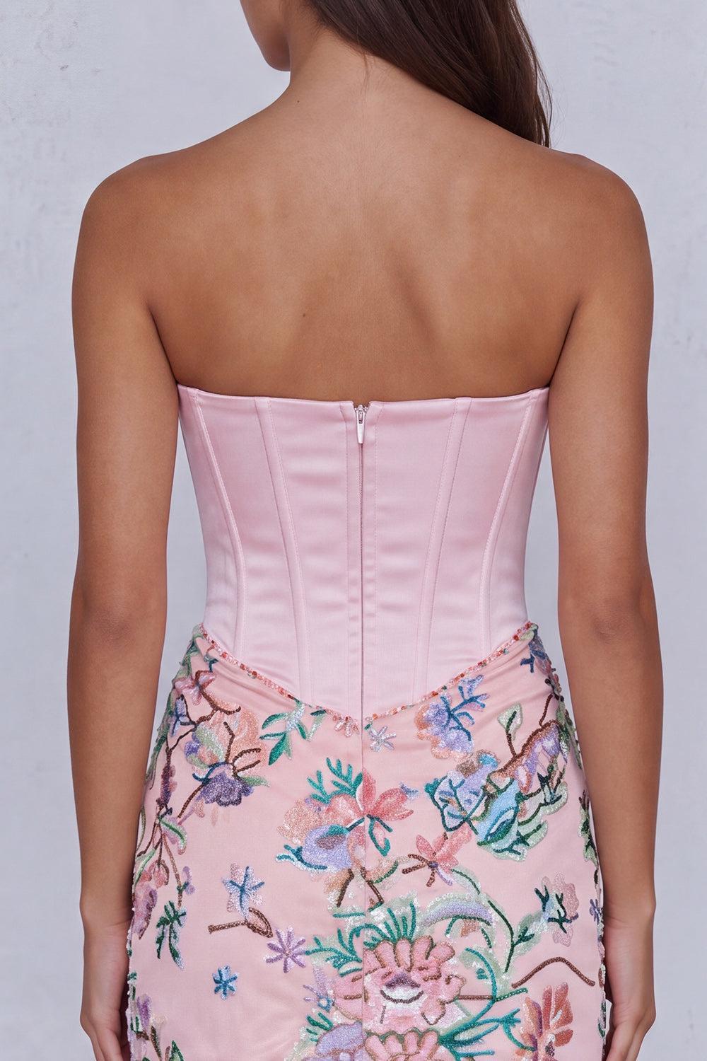 Light Pink Floral Corset Ruched Strapless Tight Short Homecoming Dress