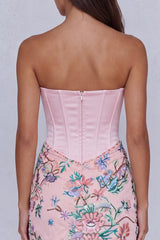 Light Pink Floral Corset Ruched Strapless Tight Short Homecoming Dress