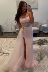 Light Pink Prom Dress Corset Tulle Long Formal Dress With Slit