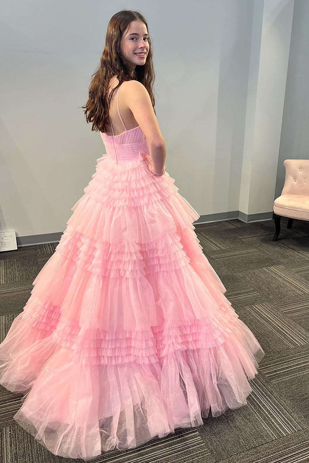 Light Pink Prom Dress Tiered A-Line One Shoulder Long Formal Dress