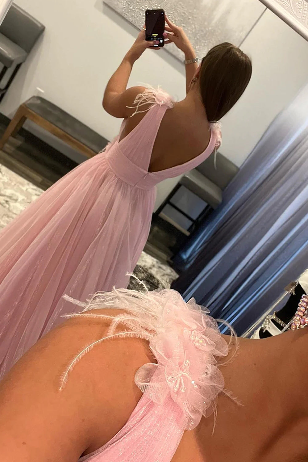 Light Pink Prom Dress V Neck Backless Tulle Long Evening Dress