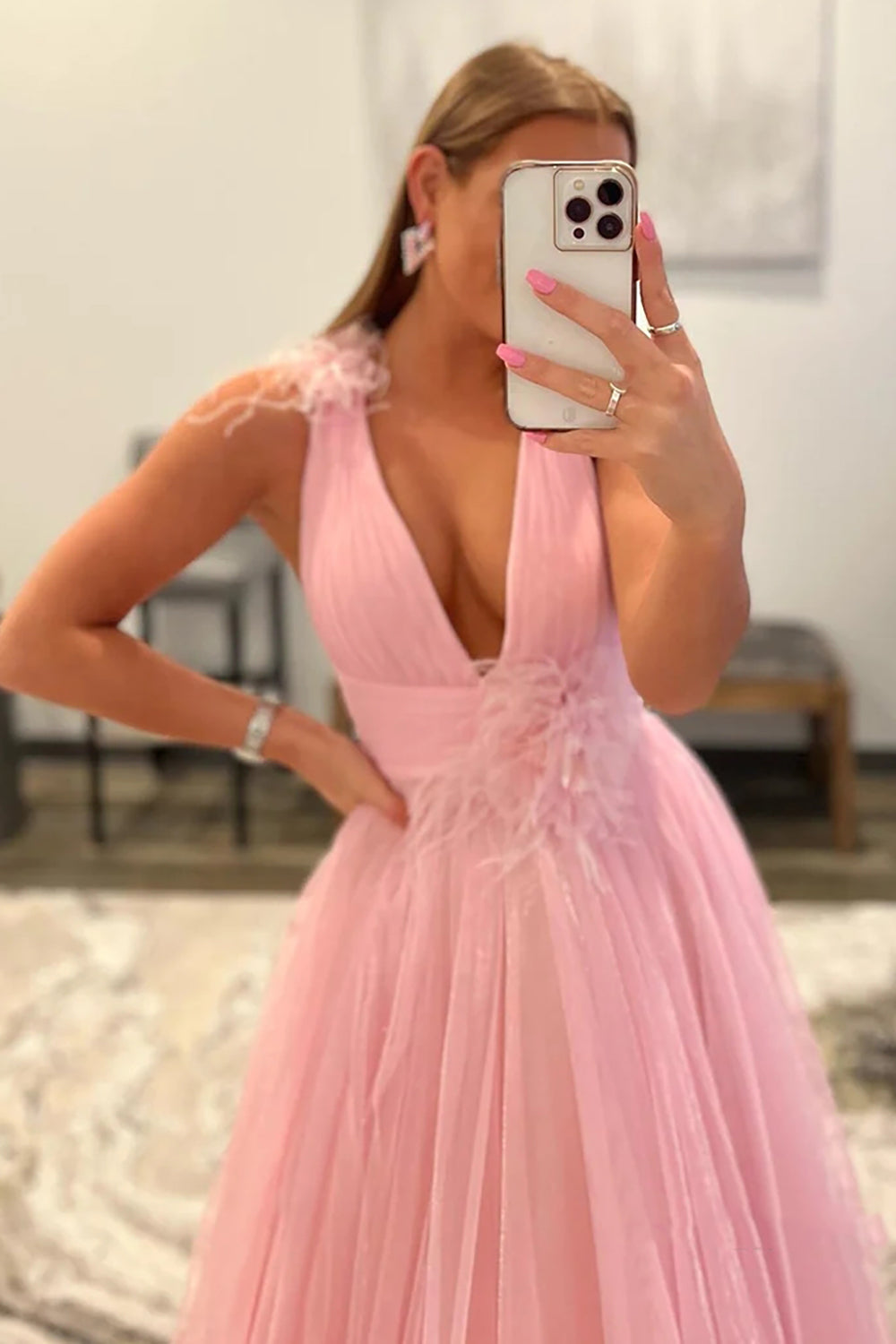 Light Pink Prom Dress V Neck Backless Tulle Long Evening Dress