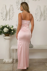 Light Pink Satin Corset Prom Dress With Crystal Spaghetti Straps & High Slit Formal Evening Gown