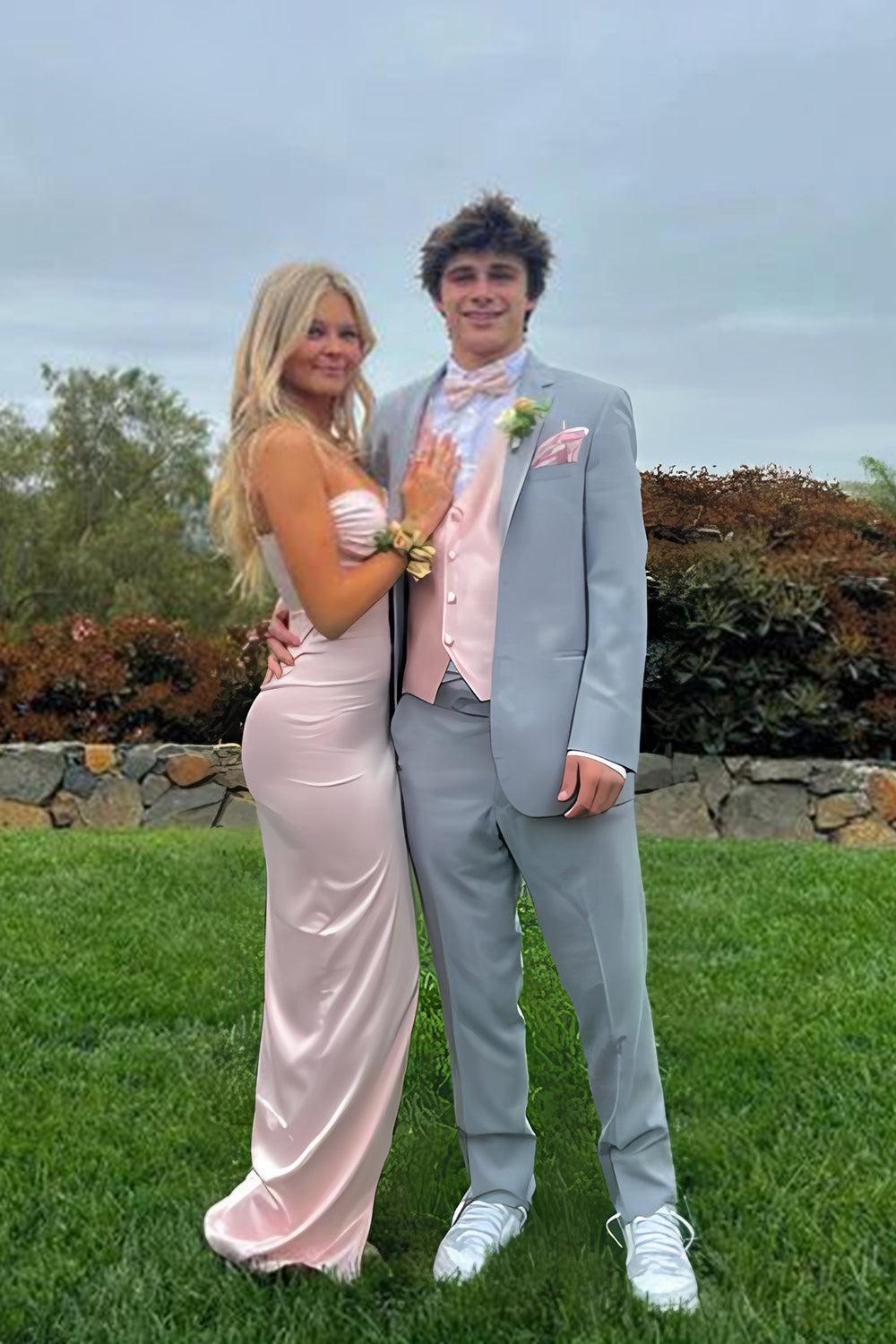 Light Pink Satin Spaghetti Strap Ruched Bust Prom Dress With High Leg Slit Formal Evening Gown