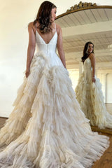Light Pink Tulle Tiered A Line Long Prom Dress