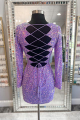 Light Purple Homecoming Dress Sequin Tight Short Prom Dress With Long Sleeves