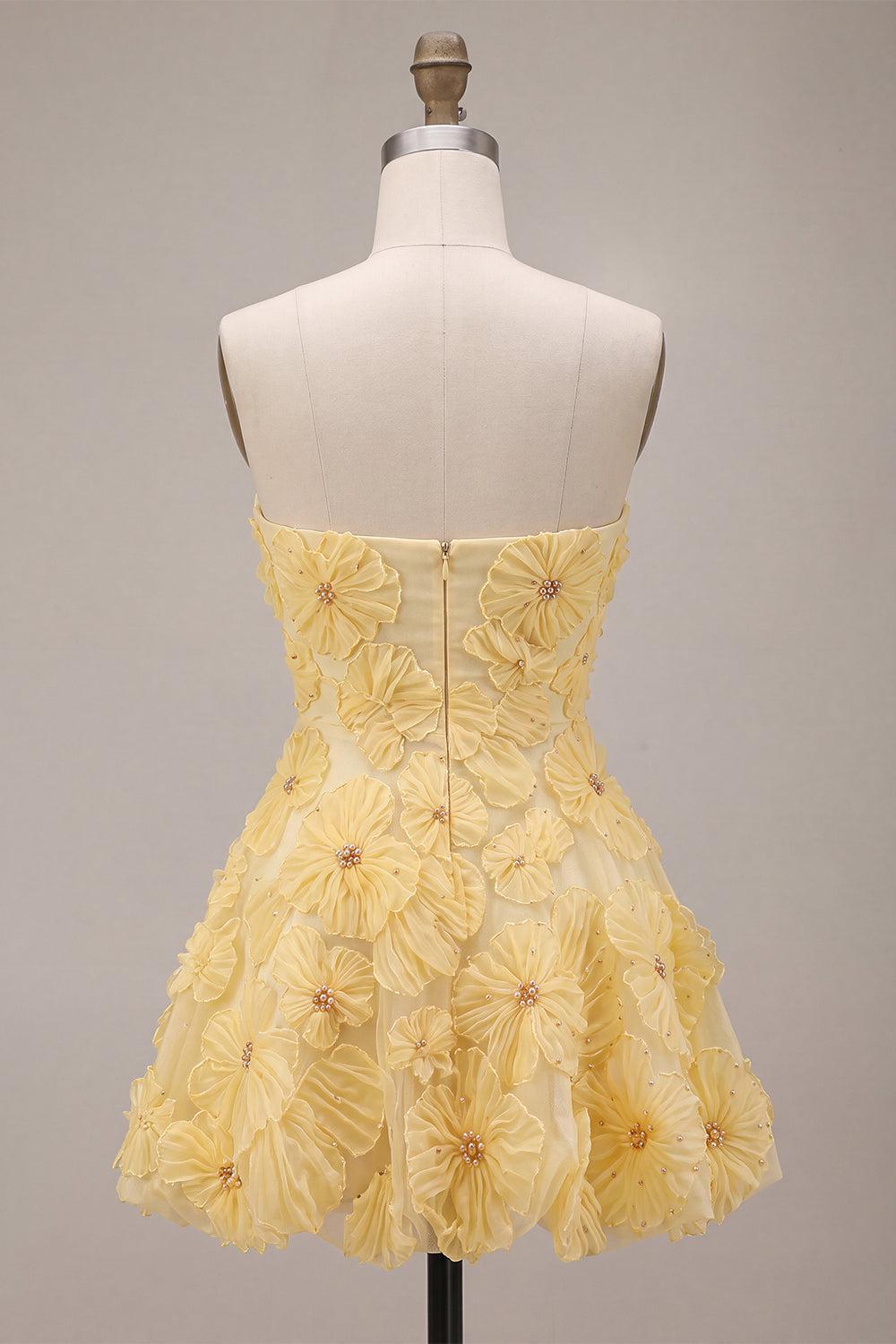 Light Yellow Beaded Floral A Line Short Homecoming Dress