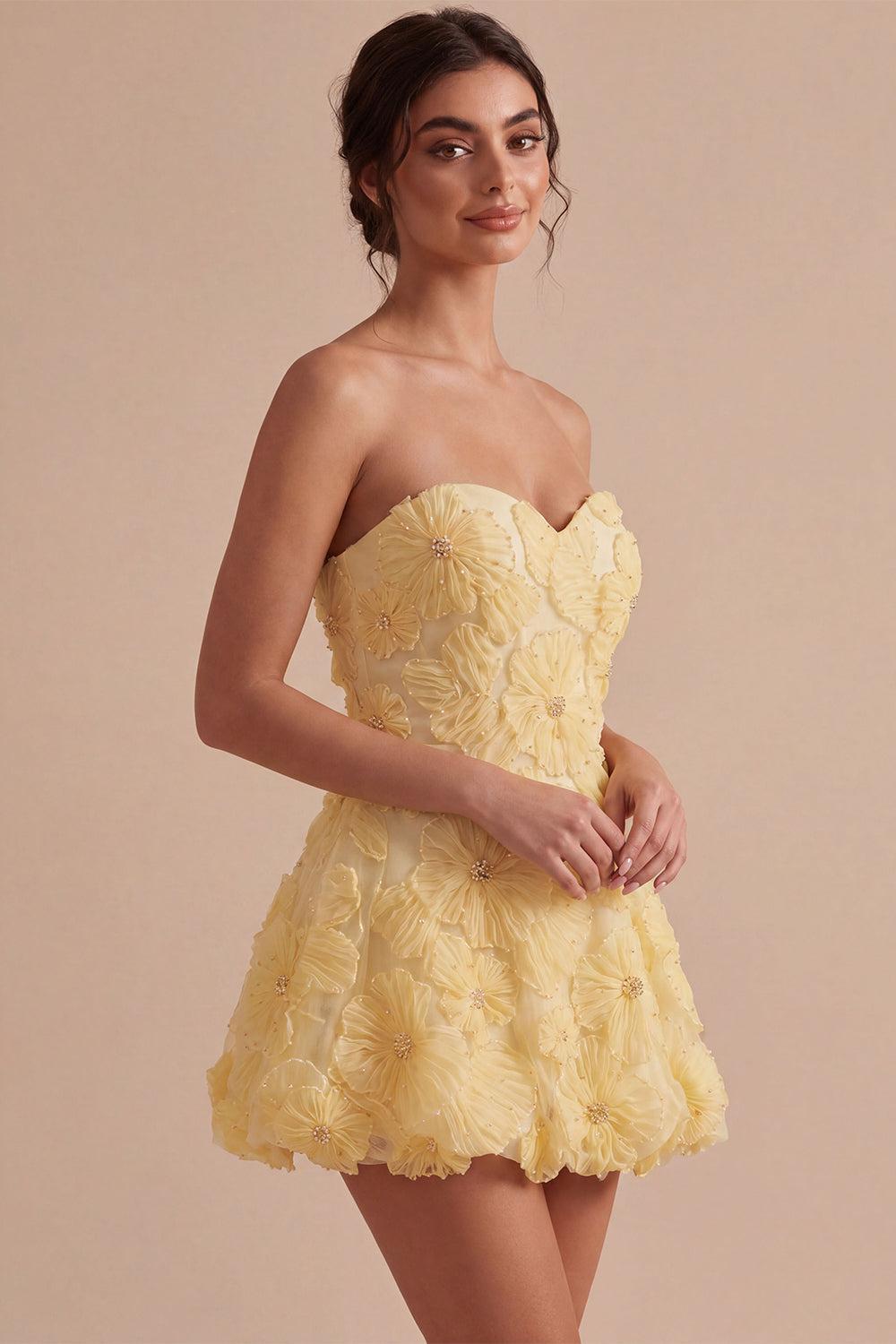 Light Yellow Beaded Floral A Line Short Homecoming Dress