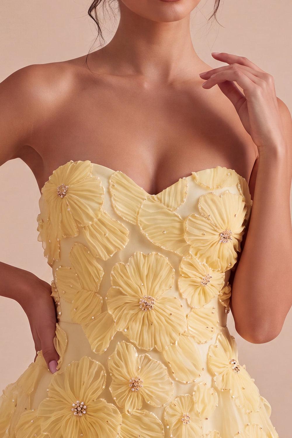 Light Yellow Beaded Floral A Line Short Homecoming Dress
