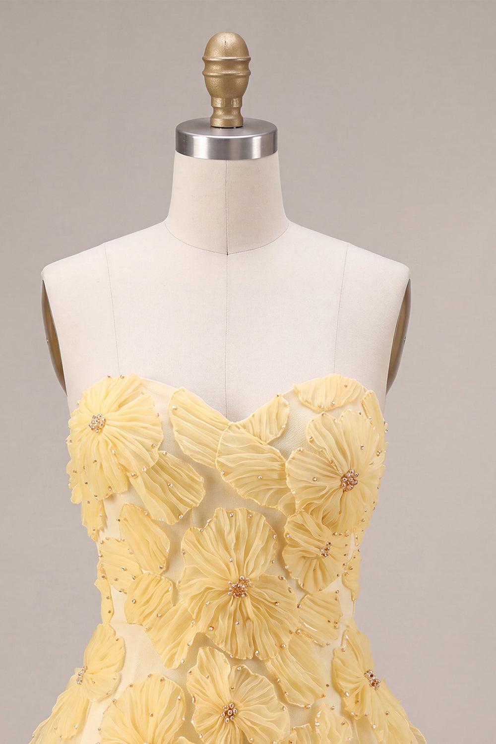 Light Yellow Beaded Floral A Line Short Homecoming Dress