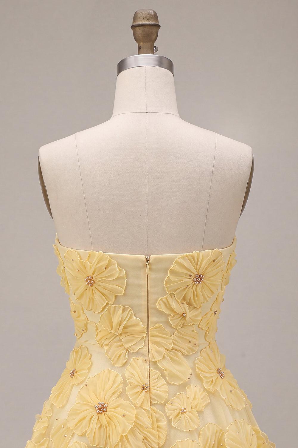 Light Yellow Beaded Floral A Line Short Homecoming Dress