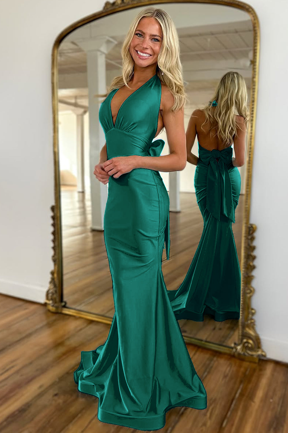 Dreamyannie Light Blue Prom Dress Mermaid Deep V-Neck Backless Long Formal Dress
