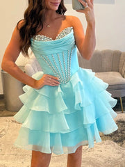 Strapless Ruffle Tiered Short Homecoming Dress with Crystal