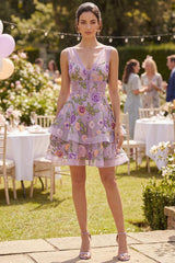 Lilac Floral V-Neck A-Line Corset Short Homecoming Dress with Ruffles