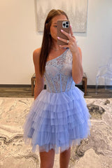 Lilac Homecoming Dress A Line One Shoulder Corset Short Prom Dress