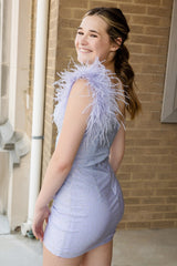 Lilac Homecoming Dress Beaded One Shoulder Tight Short Prom Dress with Feathers