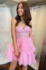 Lilac Homecoming Dress Corset A Line Tiered Short Prom Dress with Lace