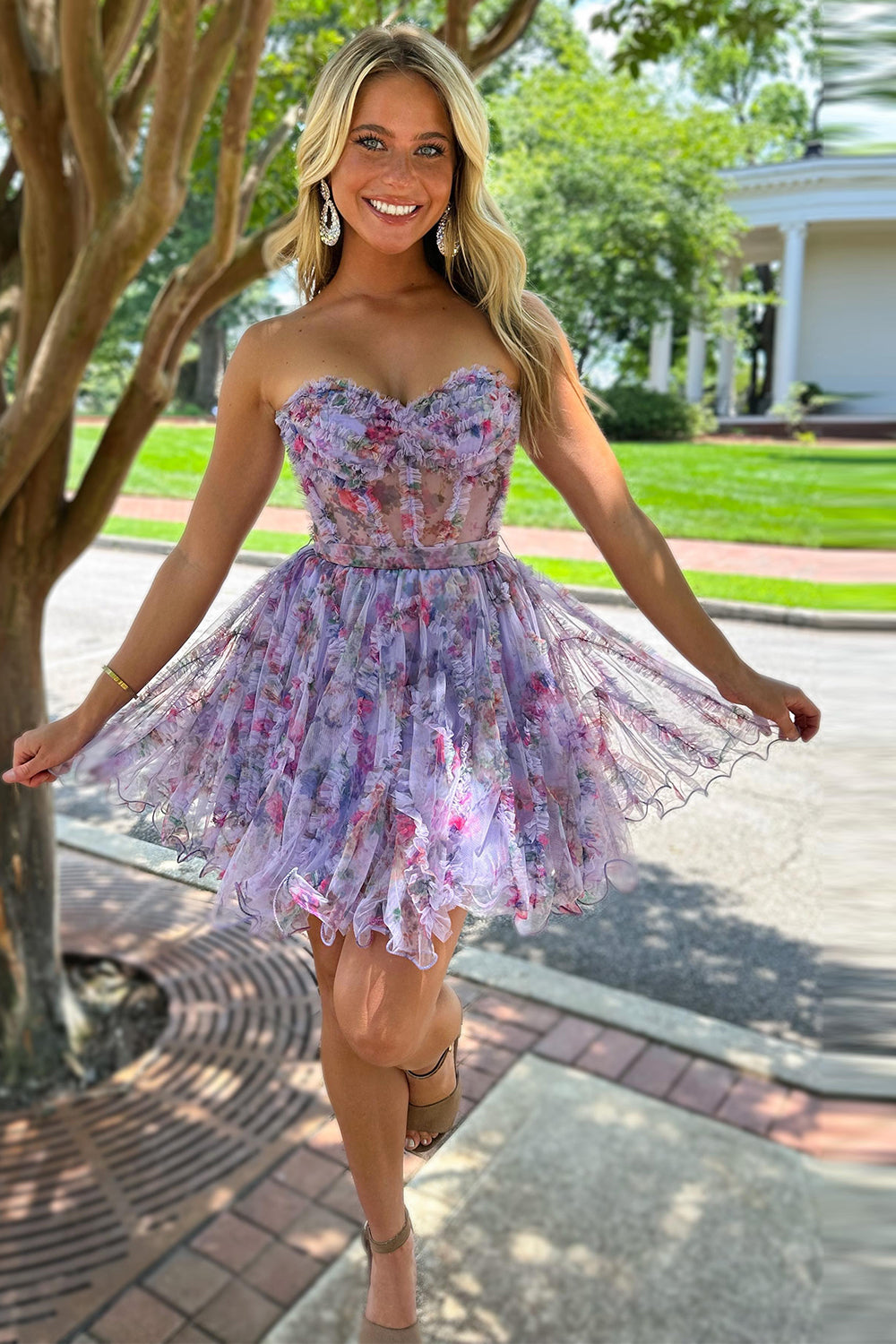 Lilac Homecoming Dress Corset Sweetheart Floral A-Line Short Prom Dress with Ruffles