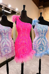 Lilac Homecoming Dress One Shoulder Tight Short Prom Dress with Feather