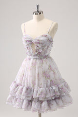 Lilac Homecoming Dress Printed Flower Tiered Spaghetti Straps Short Prom Dress