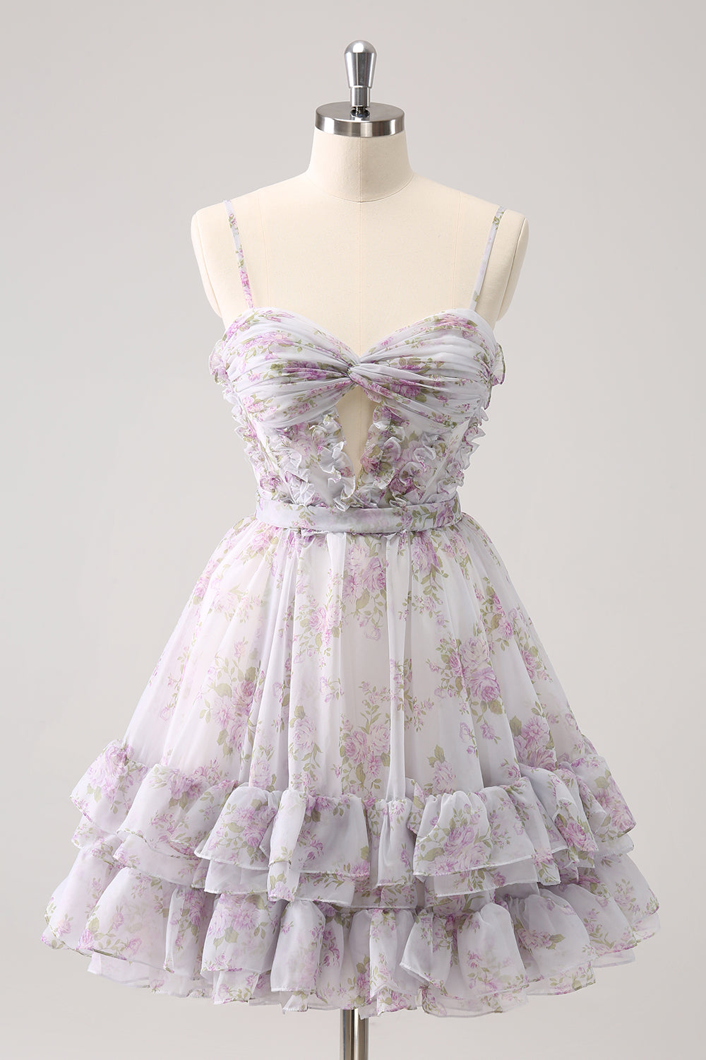 Lilac Homecoming Dress Printed Flower Tiered Spaghetti Straps Short Prom Dress