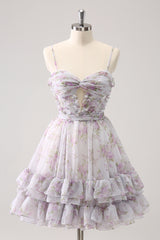 Lilac Homecoming Dress Printed Flower Tiered Spaghetti Straps Short Prom Dress
