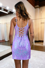 Lilac Homecoming Dress Sequin Lace-Up Back Tight Short Cocktail Dresses