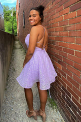 Lilac Homecoming Dress Sequin Prom Dress with Criss Cross Back
