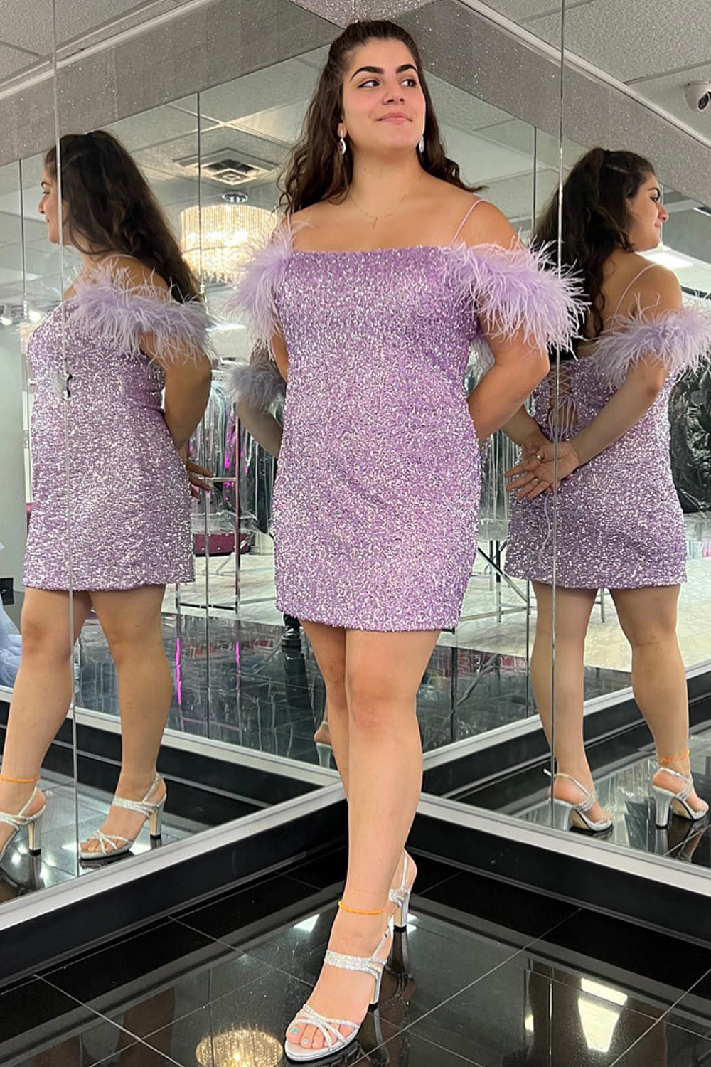 Lilac Homecoming Dress Sequin Tight Short Prom Dress with Feathers