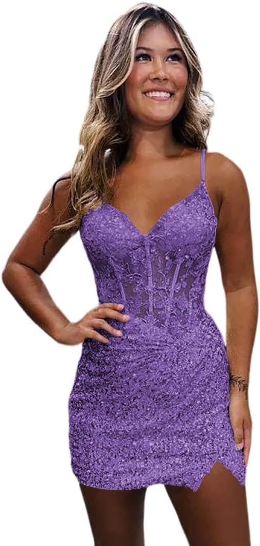 Lilac Homecoming Dresses Spaghetti Straps Sequin Corset Tight Short Cocktail Dresses