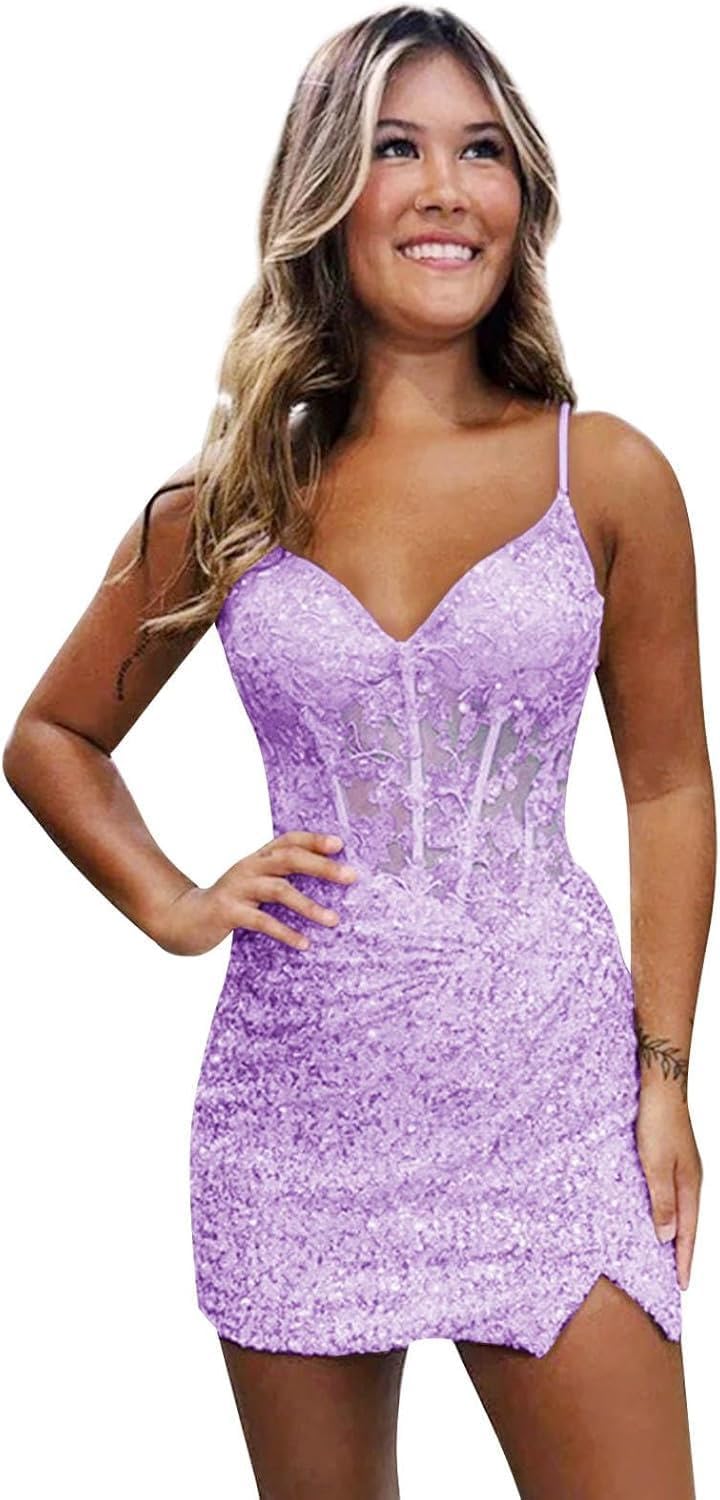 Lilac Homecoming Dresses Spaghetti Straps Sequin Corset Tight Short Cocktail Dresses