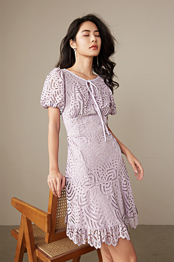 Lilac Lace Short Sleeve Casual Summer Holiday Dress