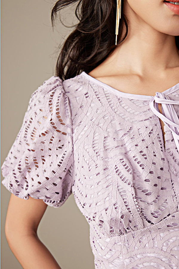 Lilac Lace Short Sleeve Casual Summer Holiday Dress