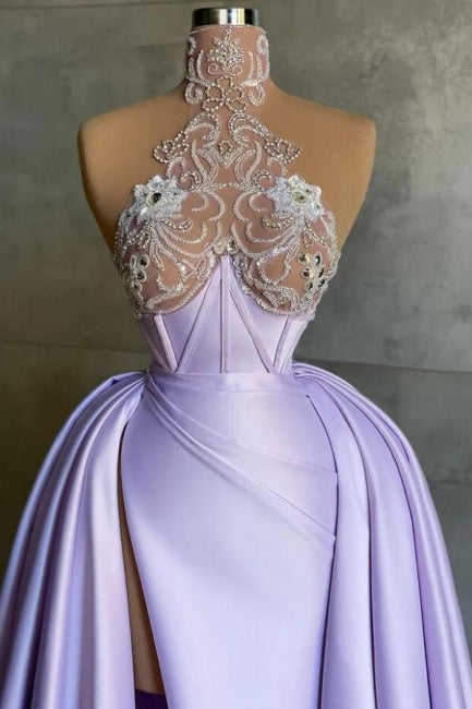 Lilac Prom Dress A Line High Neck Lace Satin Formal Dress With Slit