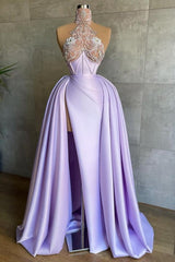 Lilac Prom Dress A Line High Neck Lace Satin Formal Dress With Slit
