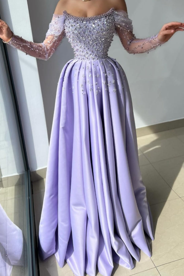 Lilac Prom Dress A Line Off The Shoulder Rhinestones Satin Pearls Formal Dress