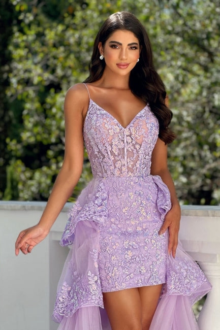 Lilac Prom Dress A Line Spaghetti Strap Sleeveless Lace Panel Train Hi Lo Tulle Formal Dress With Appliques