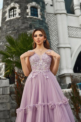 Lilac Prom Dress A Line Spaghetti V Neck Sleeveless Beaded Tulle Formal Dress With Appliques